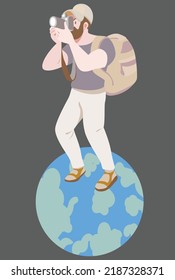 vector illustration of a man standing on a globe taking a picture