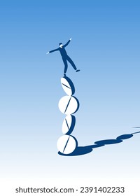 Vector illustration of a man standing on a stack of pills. A man on one leg tries to balance. Conceptual illustration of addiction or drug abuse. Self-medication without prescription