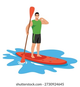 Vector illustration of man standing on surfboard with oar ideal for water sport activity surfing outdoor adventure recreation and summer vacation artwork