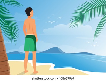 Vector illustration of man standing on sand looking at the waves in sea, space for text ,background