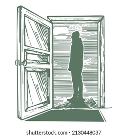 Vector illustration of a man standing outside the door