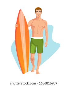 A vector illustration of man standing with surfboard