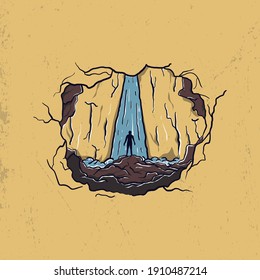 vector illustration of a man standing under a waterfall and high cliff