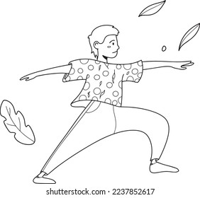 vector illustration man stands in yoga pose in loose clothing and feels happy, lifestyle