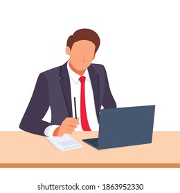 vector illustration of a man staring at a laptop holding a pen while taking notes. white background