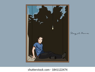 Vector Illustration of Man Stay at Home, Stay Safe