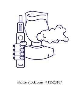 Vector illustration of a man with a steam generator in hand, a steam generator, a trendy device, atomizer, cigarette, the liquid to taste, produces steam, breath, vapor, smoke, smoke machine