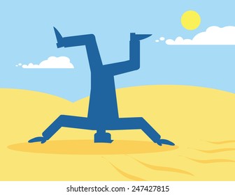 A vector illustration of a man sticking his head in the sand. A metaphor on blinkered vision in business.