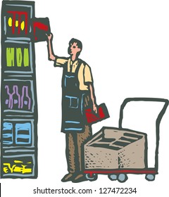 Vector Illustration Of Man Stocking Grocery Shelves With Groceries