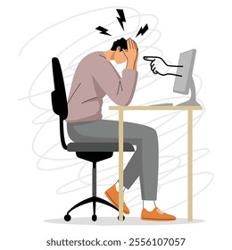 Vector illustration of a man stressed at his desk with a hand pointing from the computer, representing cyberbullying.