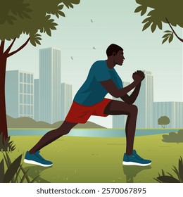 A vector illustration of a man in a stretching pose in a serene urban park setting. The character is dressed in a blue shirt, red shorts, and sneakers, preparing for outdoor fitness or a workout. The