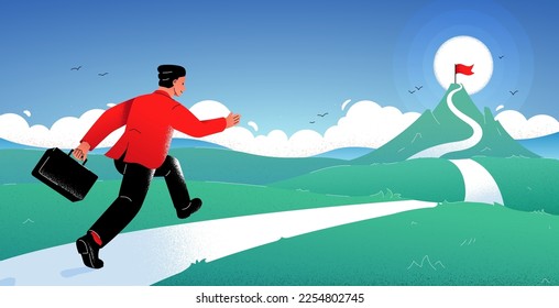 Vector illustration of a man striving for his intended goal with a bag in his hand. A man runs to a mountain with a red flag on top. A man runs along the road. Beautiful landscape. Overcome obstacles.