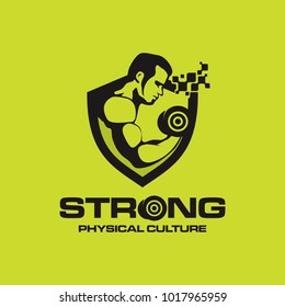Vector illustration of a Man with strong arm, lifting dumbell inside shield for fitness and gym logo