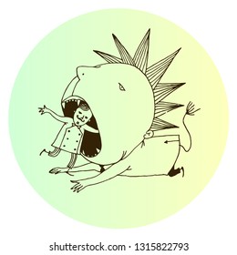 Vector illustration of a man stuck his head in the mouth of a lion