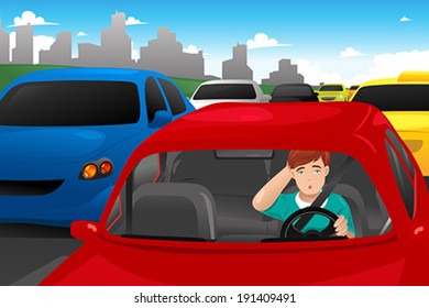 A Vector Illustration Of Man Stuck In Traffic