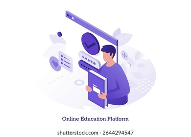 Ilustração vetorial com livro de apoio de um estudante, aprendendo online. Educação remota e conceito de E-learning. Plataforma digital para o curso universitário.