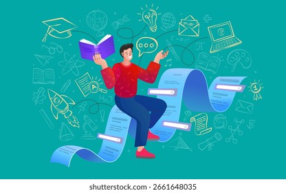 Vector illustration of a man studying a book while floating on a long financial receipt. This concept represents financial literacy, learning about accounting, and analyzing a budget.