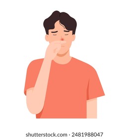 Vector illustration of man with stuffy nose. Congested nose caused by allergy, flu infection. Flat design