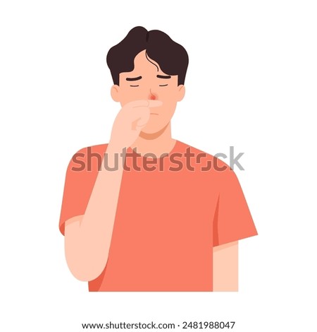 Vector illustration of man with stuffy nose. Congested nose caused by allergy, flu infection. Flat design