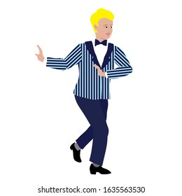Vector Illustration of man in the style of the 1920s in charleston dance pose. Handsome young european  gentleman. Character  in flat style on a white background