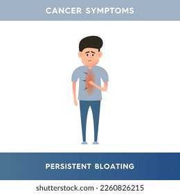 Ilustración vectorial de un hombre que padece de hinchazón. El hombre experimenta constante hinchazón. Síntomas de cáncer, síndrome de intestino irritable o alergias alimentarias.