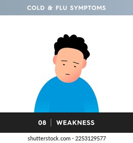 Vector illustration of a man suffering from a cold. A person, due to poor health, experiences weakness in the body. A sleepy and lethargic person suffering from influenza. Flu and cold symptoms.