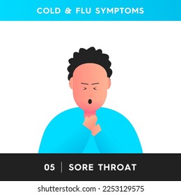 Vector illustration of a man suffering from a sore throat. The man depicted on a white background holds his throat with his hands.
Symptoms of flu, colds, laryngitis, pharyngitis, and tonsillitis. 