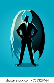 Vector Illustration Of A Man In Suit With Angel And Devil Wings, Concept For Good And Evil