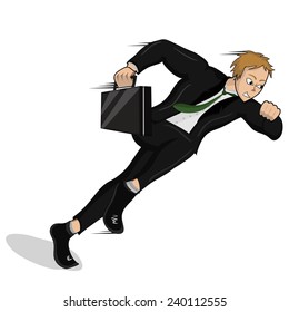 Vector illustration of a man in a suit with a briefcase running to a meeting
