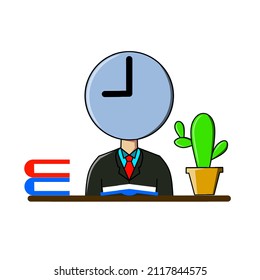 Vector illustration of a man in a suit with a clock head reading a book