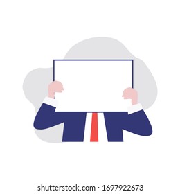 Vector illustration of man in suit and empty banner in his hands. 