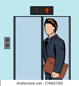 Vector illustration of a man in suit with folder/suitcase  waiting for the office Elevator / going up in the Elevator