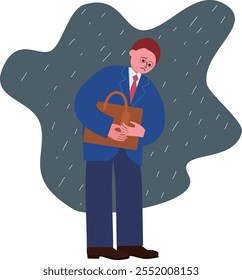 Una Ilustración vectorial de un hombre con traje y gafas parado, sosteniendo un bolso, con aspecto abatido, y que parece ser golpeado por la lluvia.