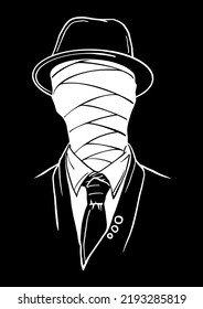 Vector Illustration of Man in Suit with Hat and Mummy Face Isolated on Dark Background. Secret and Incognito Concept.