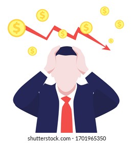 Vector illustration of man in suit in  panic with falling down dollars and graph arrow. Economic crisis, markets down, Financial crisis and bussiness in danger. World's economic recession, bancrupt