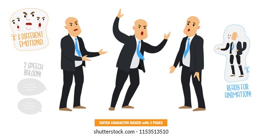 Vector illustration of a man with a suit, politics, businessman with 3 poses, 3 expressions and 2 speech balloons, Stylized rigged character set ready for animations