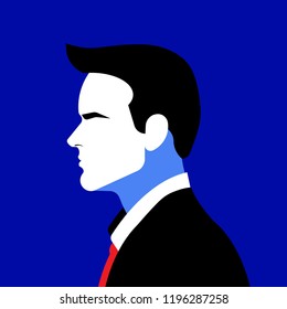 Vector illustration of a man in a suit. Profile of a man on a blue background.