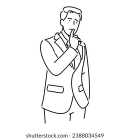 Vector illustration of a man in a suit thinking with a finger on his lips