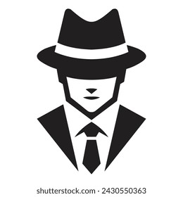 Vector illustration of a man in a suit, tie, and fedora hat. The black and white silhouette adds a classic, noir-style touch. Ideal for branding, and posters with themes of mystery or sophistication.