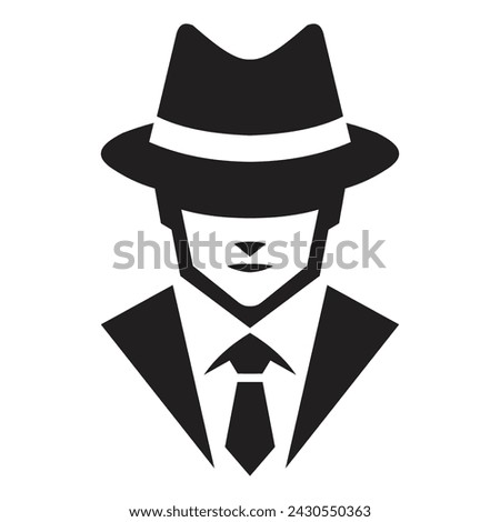 Vector illustration of a man in a suit, tie, and fedora hat. The black and white silhouette adds a classic, noir-style touch. Ideal for branding, and posters with themes of mystery or sophistication.
