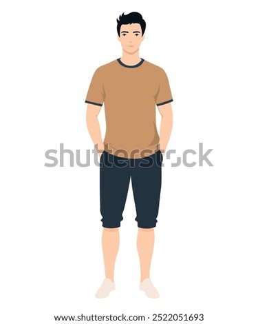 Vector illustration of a man in a summer look with a brown t-shirt and dark shorts