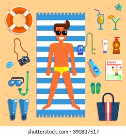 Vector illustration of man sunbathing on the beach. Vector icons of  lifebuoy, camera, journal, bag, phone, apple, starfish,  etc. 