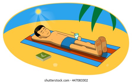 Vector illustration of man sunbathing on the sand beach