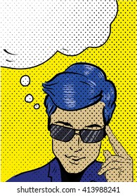 Vector illustration with man in sunglasses. Pop art retro comic style . Thinking man with speech cloud