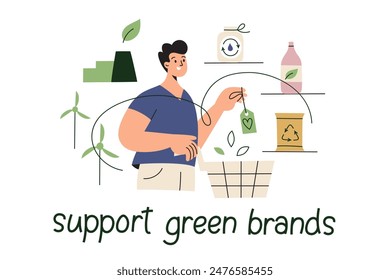 Vector illustration of a man supporting green brands. Buying eco-friendly products with green packaging. Emphasizing sustainability and environmental consciousness, hand drawn lettering