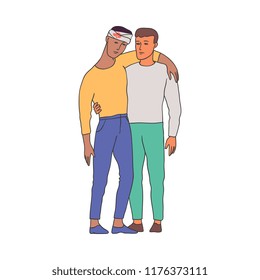 Vector illustration of man supporting and helping stand guy with injury and bleeding bandage on head isolated on white background in sketch style. Hand drawn of first aid concept.