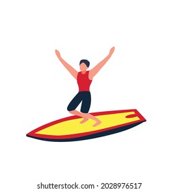 vector illustration of man surfing, Cool vector surfer character, Leisure beach water sports character flat design on surfing. Man on a surfing holiday.