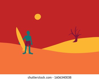 vector illustration, a man surfing in the desert, a dreamer.