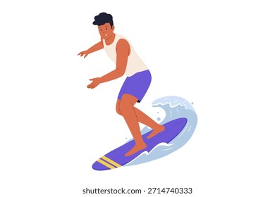 Ilustración vectorial del Hombre Surfeando en una Ola. Persona involucrada en el deporte acuático de surf, aventura y Ocio de playa