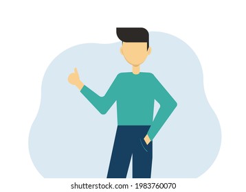 Vector illustration of a man in a sweater symbolizing success raises his thumb up